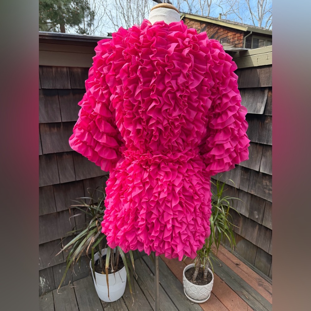 ZARA fuchsia pink ruffled knit coat jacket voluminous with tie Sz M. - Picture 2 of 10
